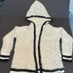 Hem & Thread Textured Hooded Cardigan Cream Black Striped Trim Size M